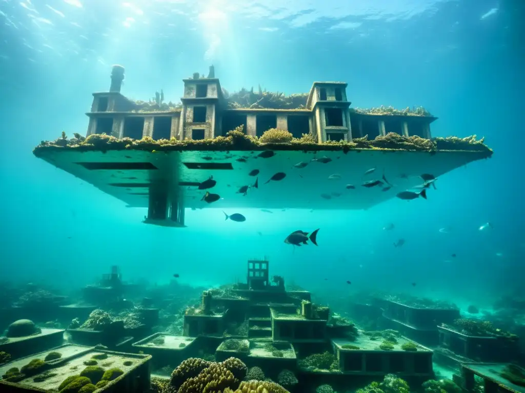 Ruinas de la ciudad sumergida entre corales y vida marina, evocando novelas futuros sumergidos vida marina