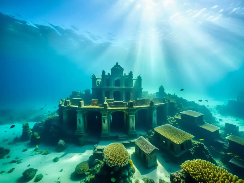 Ruinas de una ciudad sumergida cubiertas de coral y rodeadas de peces, evocando desafíos reubicación ciudades nivel mar