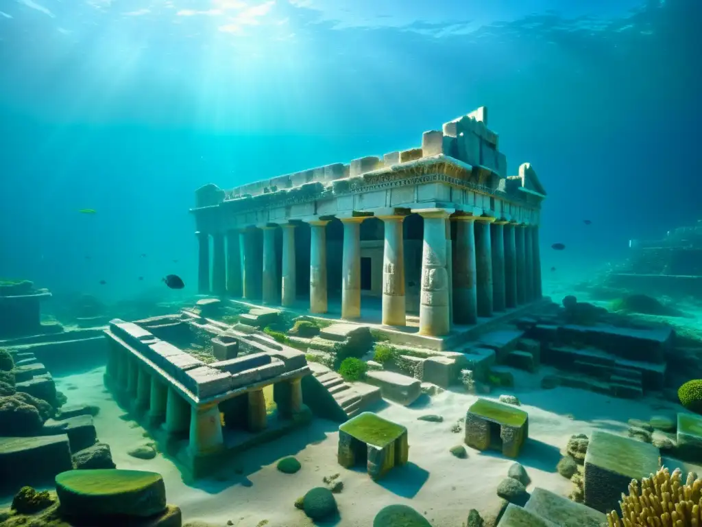 Ruinas de la ciudad sumergida de Thonis-Heracleion, iluminadas por la luz solar con una exuberante vida marina