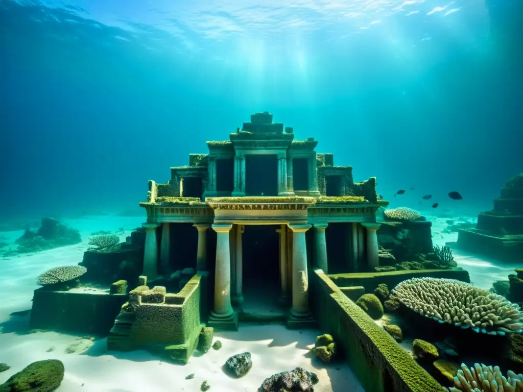 Ruinas de ciudad sumergida con vida marina y coral, reflejando belleza y pérdida