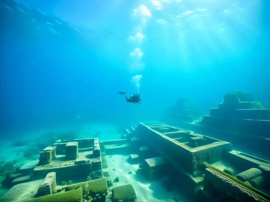 Ruinas bien conservadas de la antigua ciudad sumergida de Pavlopetri, rodeadas de aguas azules y vida marina, evocando la belleza de ciudades antiguas bajo el mar