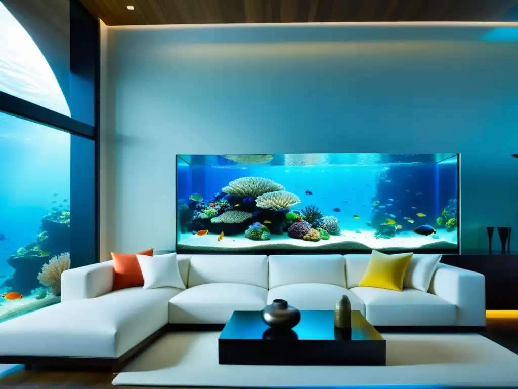 Un salón moderno con muebles de acuario para espacios, integrado en una pared con peces y corales vibrantes