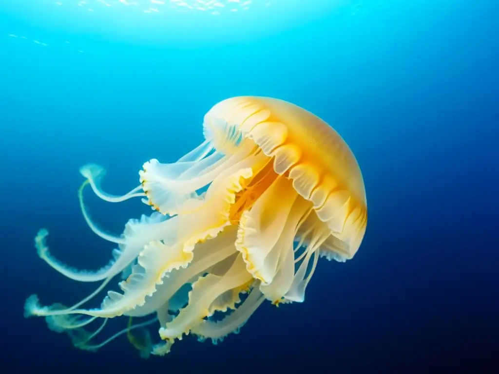 Secreto inmortalidad medusa Turritopsis flotando grácil en el océano, con tonos vibrantes y tentáculos delicados, en un mundo acuático misterioso