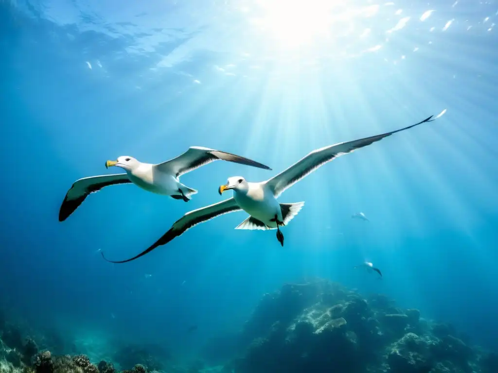 Sensibilización aves marinas oceánicas: Albatros majestuosos surcando elegantes sobre el mar, entre corales y flora marina colorida