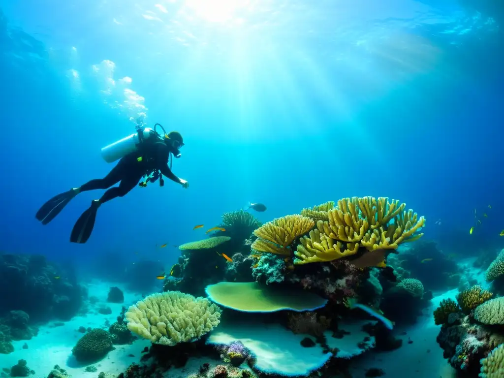 Exploración y serenidad del buceo sidemount sin botella espalda en un vibrante arrecife de coral repleto de vida marina colorida