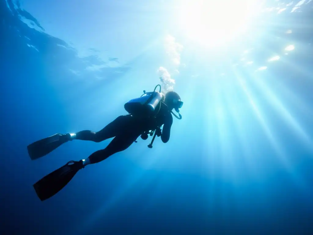 Fotografía submarina de siluetas de buceador bajo el brillante océano, con halo de luz y tonos azules profundos