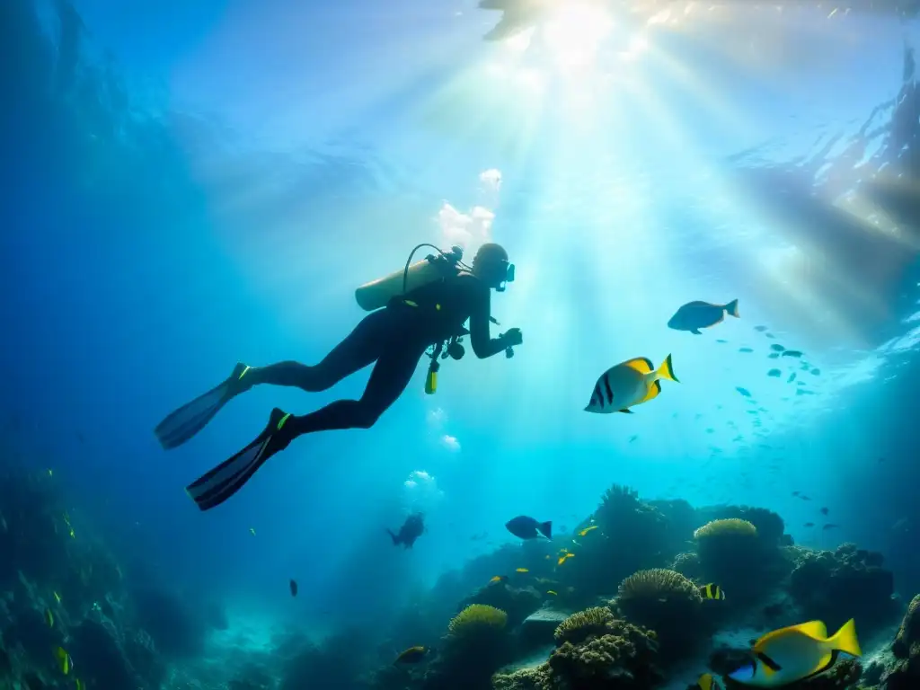 Fotografía submarina de siluetas de un buceador entre peces tropicales, con rayos de sol creando una atmósfera etérea