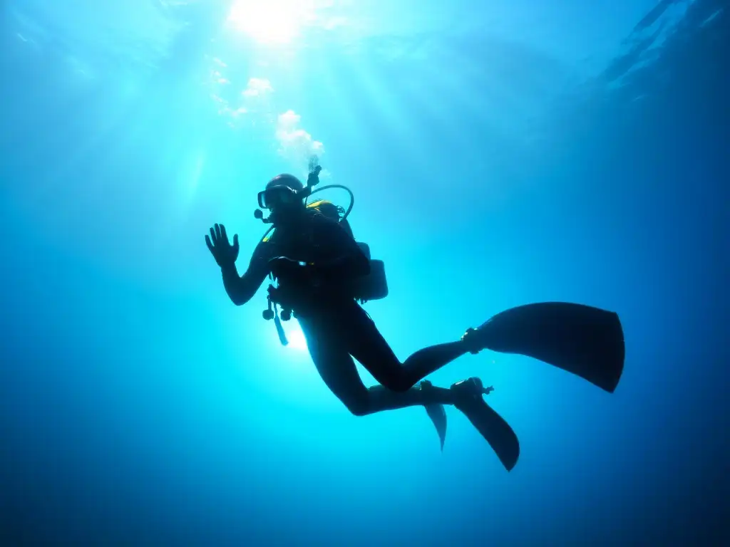 Fotografía submarina de siluetas: Un buceador solitario en las profundidades, rodeado por la misteriosa y tranquila luz azul del océano