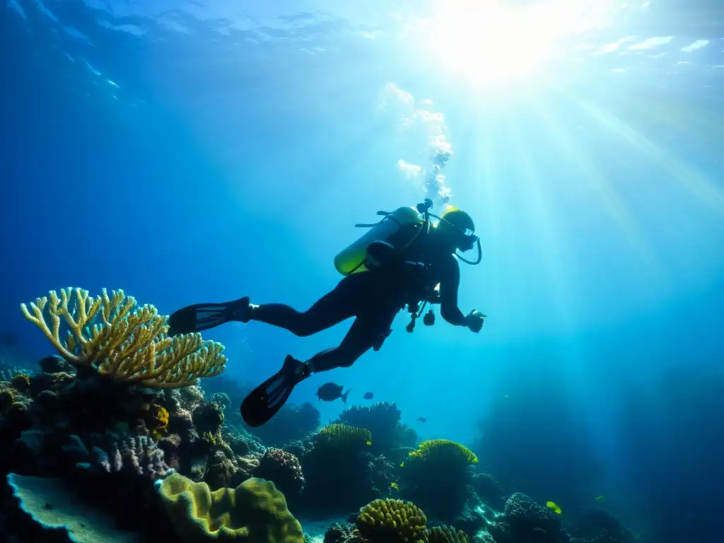 Fotografía submarina de siluetas de buzo frente a un arrecife de coral, con rayos dorados del sol creando un juego de luces y sombras