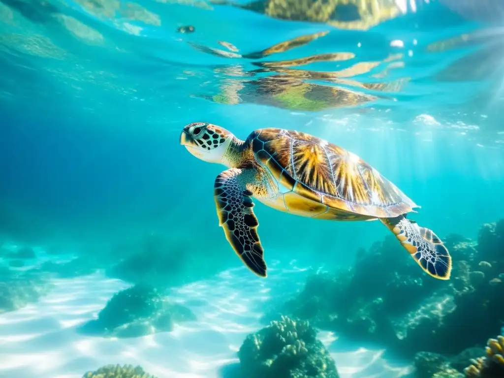 Fotografía submarina de siluetas: Una majestuosa tortuga marina nada en aguas cristalinas, iluminada por los rayos de sol