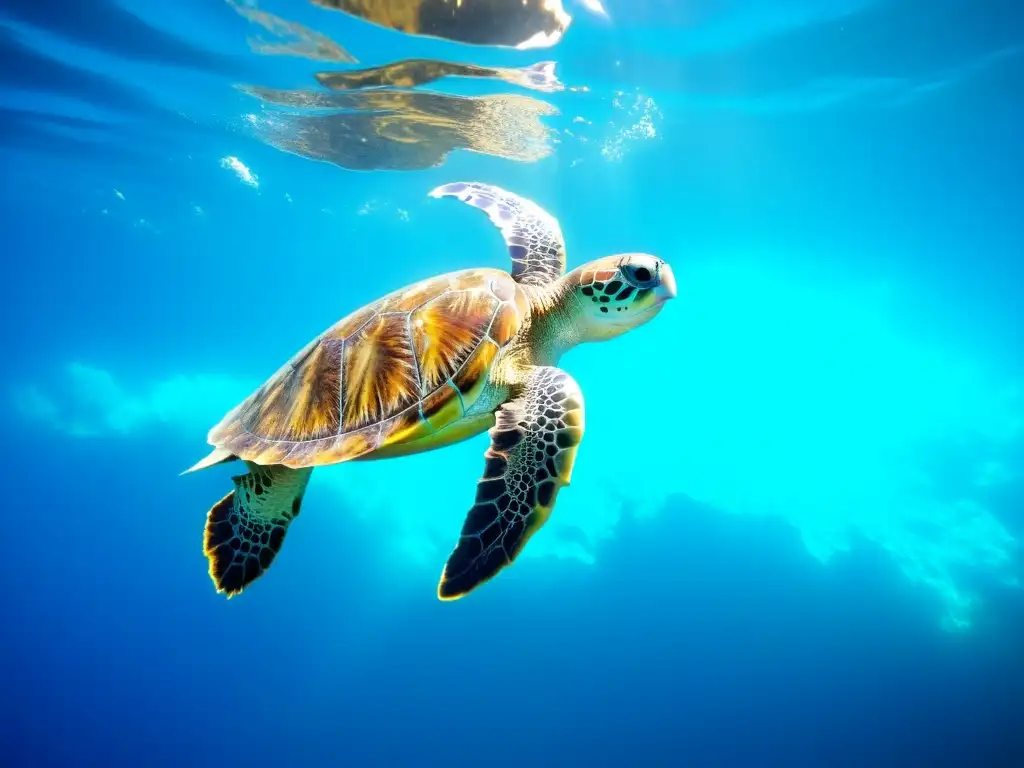 Fotografía submarina de siluetas: Majestuosa tortuga marina surcando el azul océano, iluminada por la luz solar filtrada