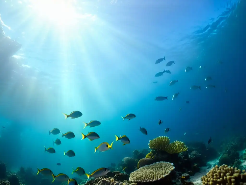 Siluetas de peces nadando en un arrecife de coral iluminado por el sol