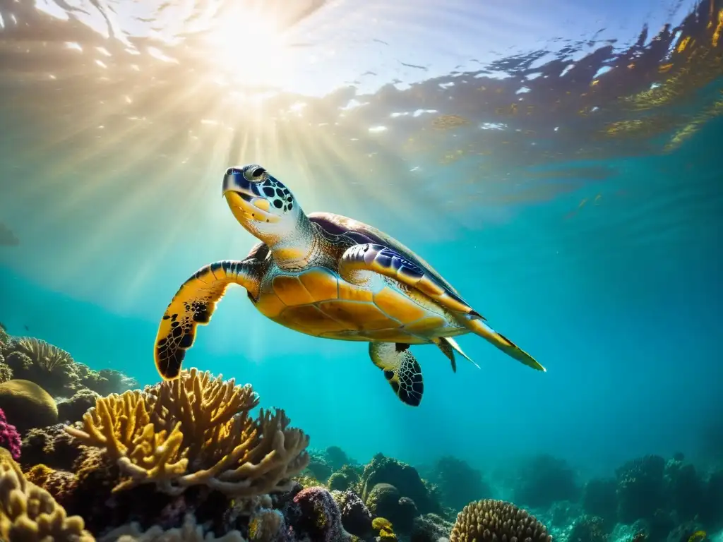 Fotografía submarina de siluetas de una tortuga nadando en un arrecife de coral iluminado por la luz dorada del sol