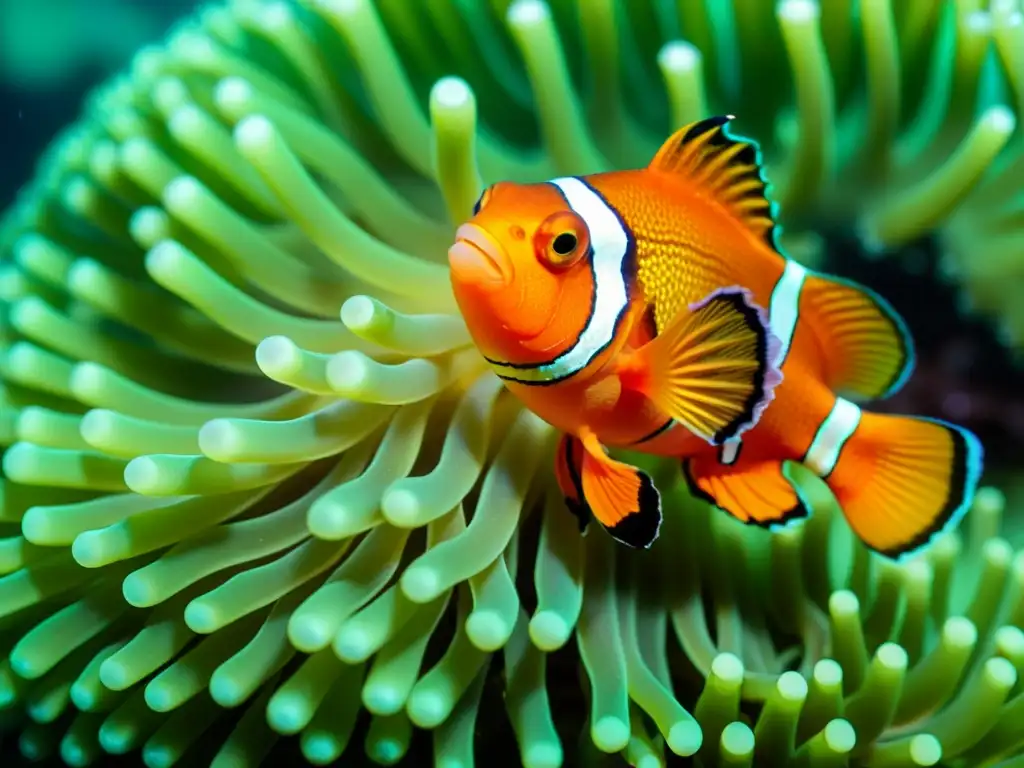 Simbiosis submarina: el asombroso baile entre el pez payaso y la anémona Simbiosis entre especies marinas: Fotografía submarina vibrante de un pez payaso naranja y una anémona de mar, mostrando su relación simbiótica