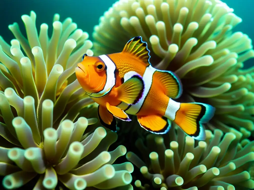 Una simbiosis en el mar: un par de peces payaso y una anémona de mar en un vibrante arrecife de coral bajo el agua