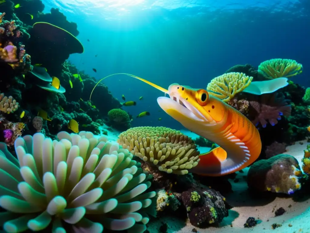 Una simbiosis marina cautivadora: un camarón limpiador y una morena interactúan en un arrecife de coral vibrante