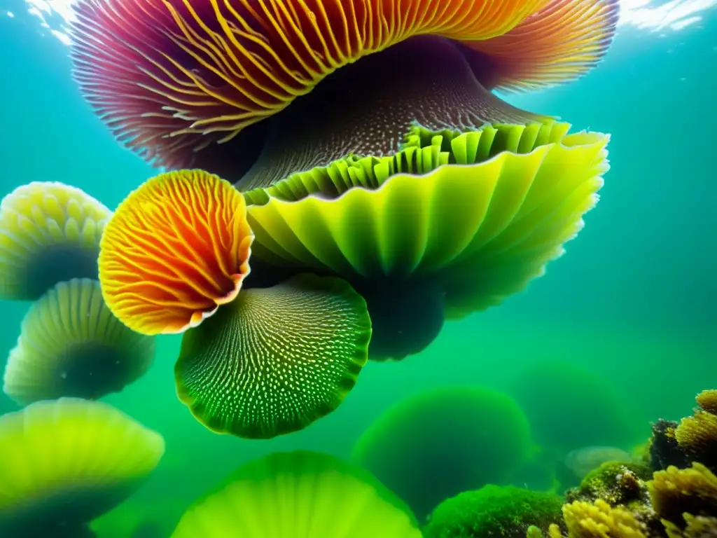 Simbiosis entre moluscos y algas: Fotografía submarina vibrante que muestra la interdependencia entre coloridos moluscos y algas verdes