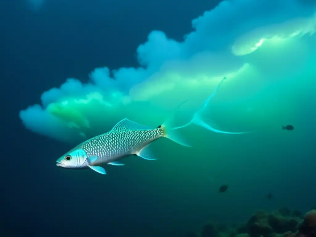 Simbiosis entre peces bioluminiscentes en el oscuro abismo del océano, creando un deslumbrante espectáculo de luz azul y verde