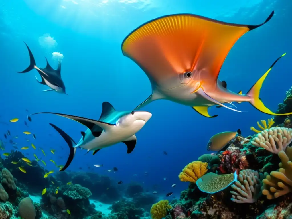 Simbiosis en la vida marina: Una escena vibrante de arrecife de coral rebosante de vida, con peces coloridos entre corales ramificados