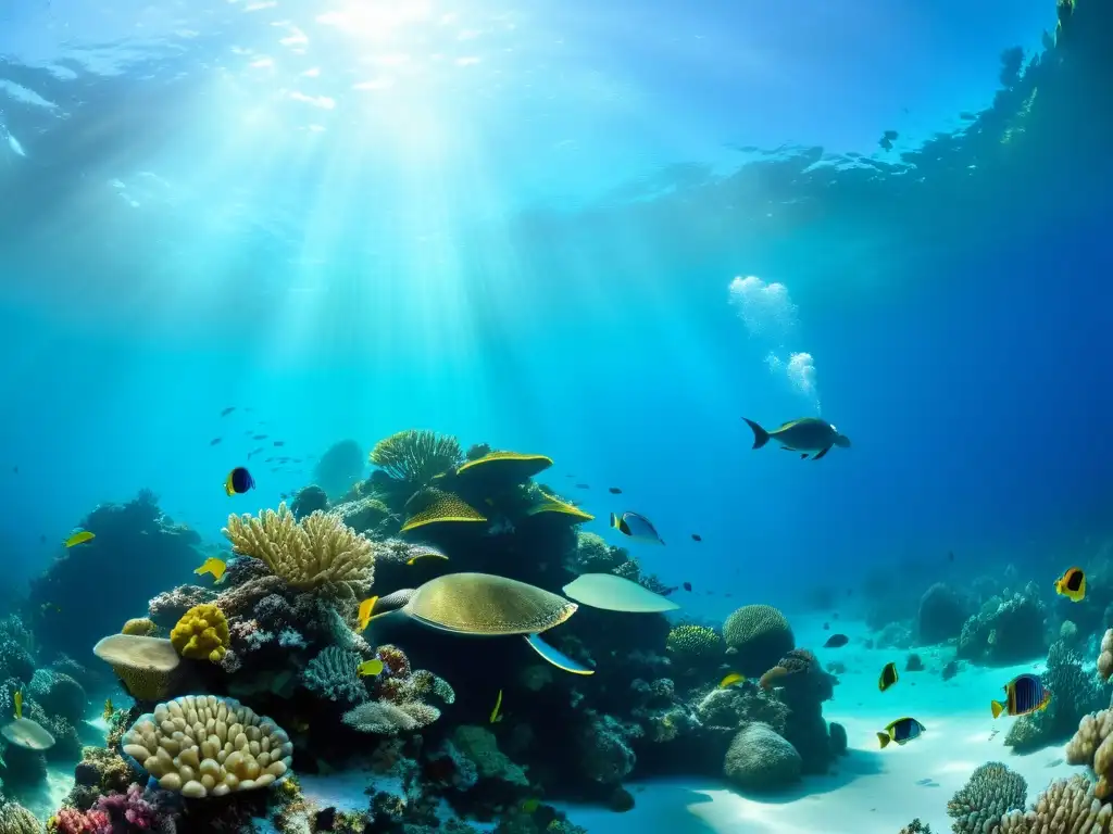 Simulaciones interactivas ecosistemas marinos: imagen de vibrante ecosistema marino con coral colorido, peces y tortugas en aguas cristalinas
