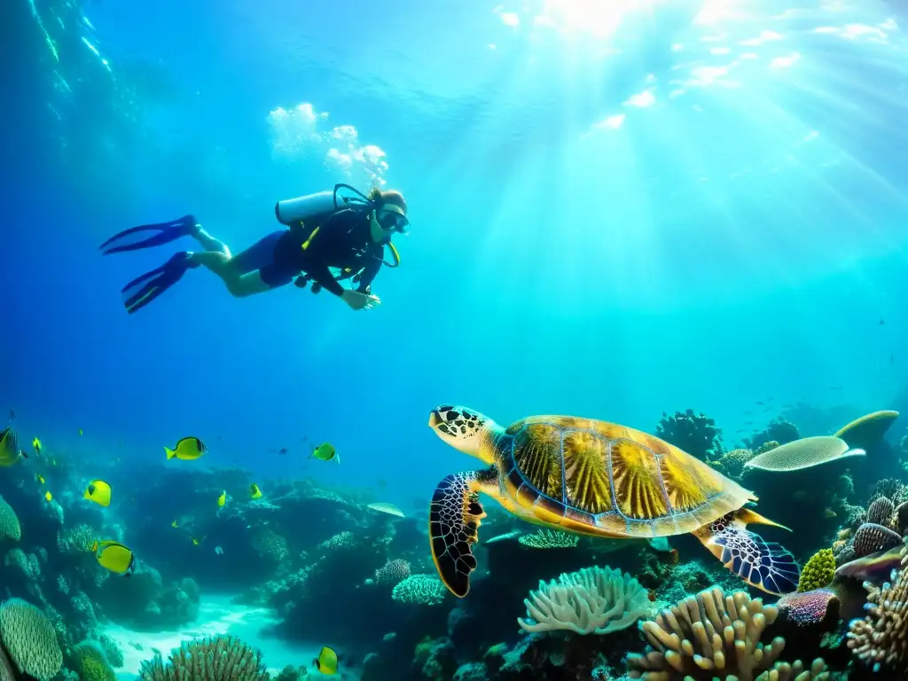 Simulaciones interactivas ecosistemas marinos: Un vibrante arrecife de coral bajo el agua, con vida en movimiento y una hermosa danza de luz y sombra