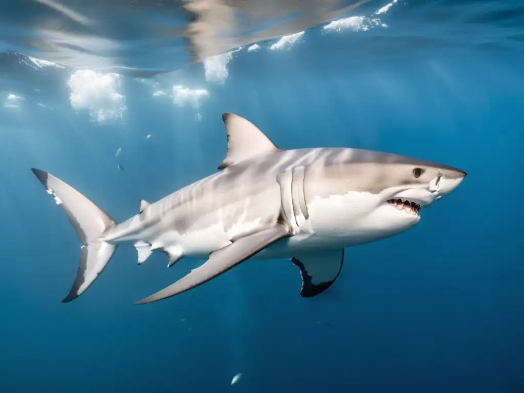 Simulaciones virtuales de predadores marinos: Impactante detalle 8k de un gran tiburón blanco cazando cardumen en el océano