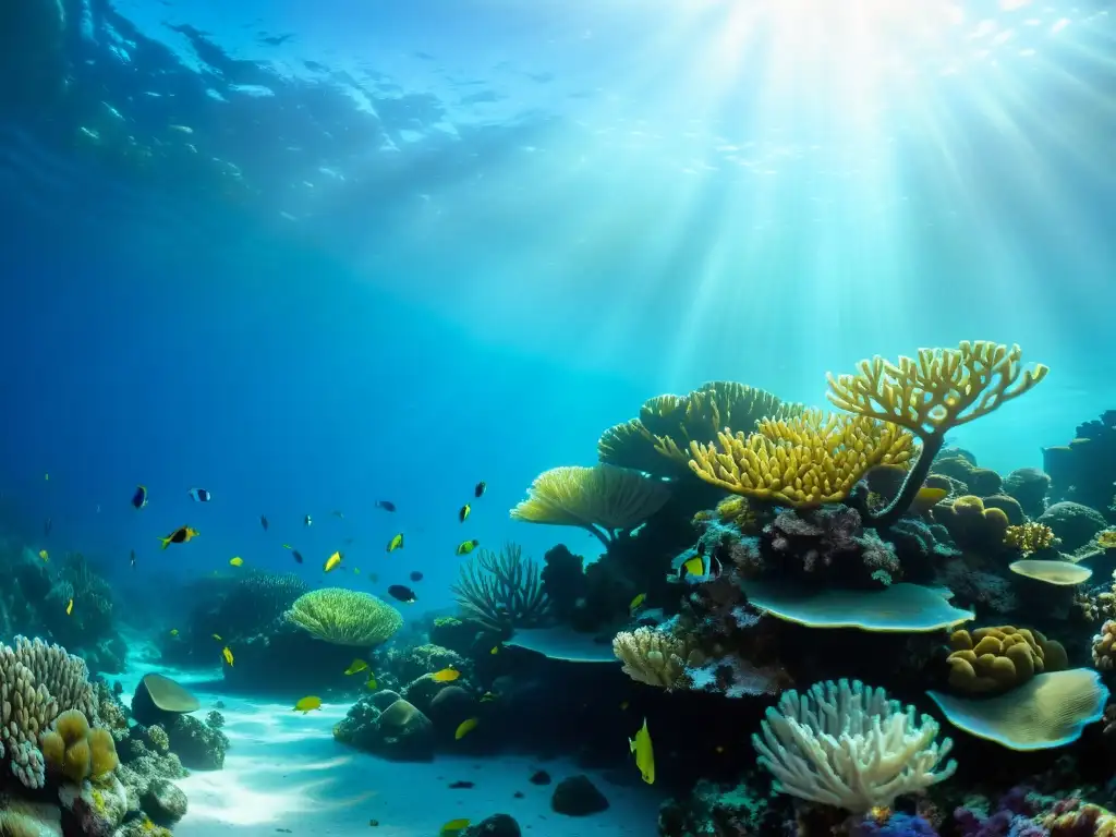 Sinergias entre energías renovables y biodiversidad marina: un vibrante ecosistema de arrecifes de coral lleno de vida marina y luz filtrada