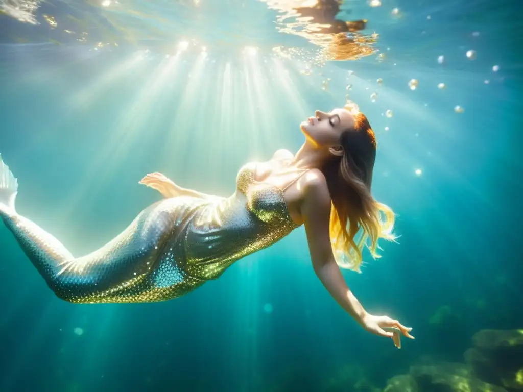 Una sirena nada elegantemente entre perlas luminosas, creando un escenario mágico