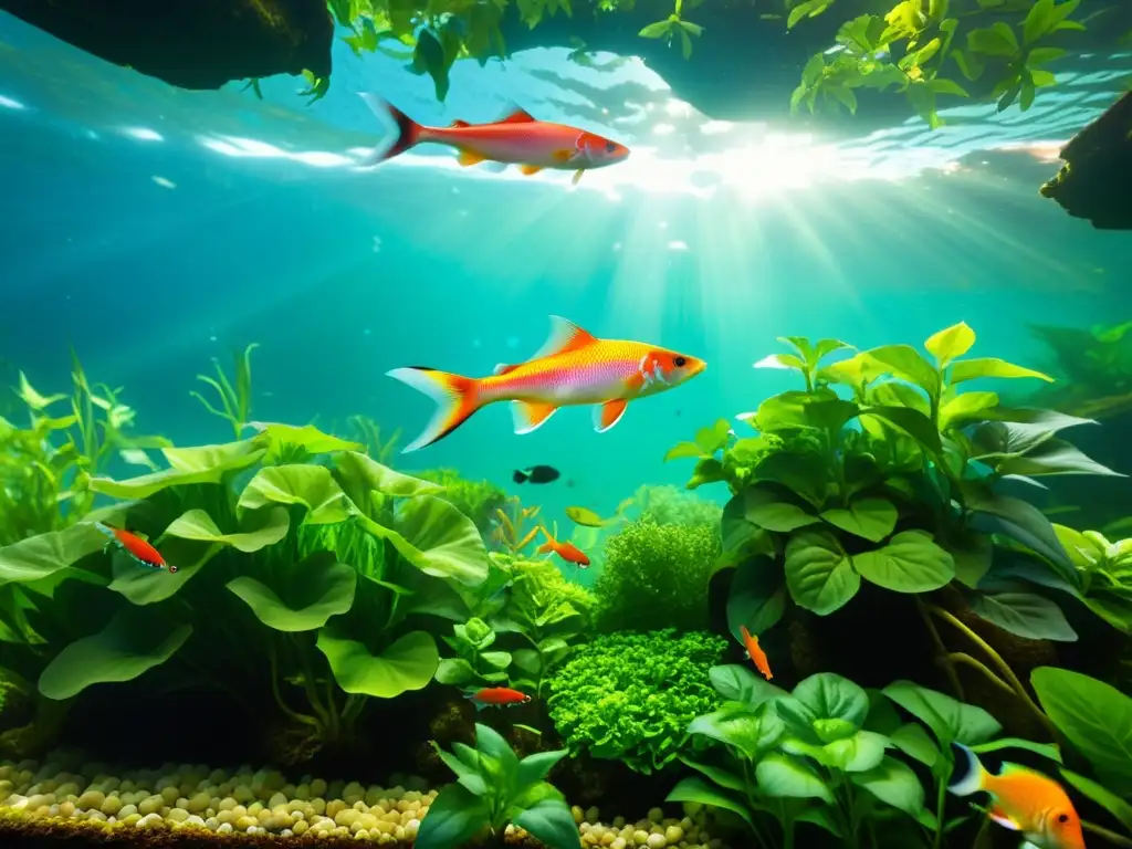 Un sistema acuapónico sostenible muestra una exuberante variedad de plantas y peces en un entorno vibrante y armonioso