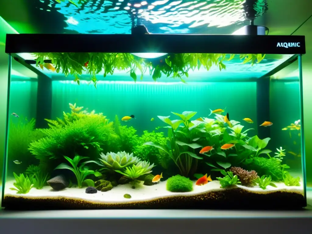 Un sistema acuaponía: acuario sostenible con plantas verdes vibrantes y peces coloridos en un ambiente armonioso y tranquilo bajo el agua