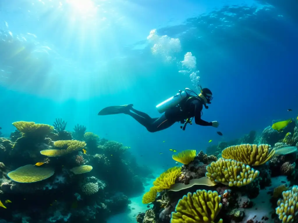 Sistema de buceo sin tanque AirBuddy: Un buzo nada graciosamente junto a un vibrante arrecife de coral bajo el agua, iluminado por el sol