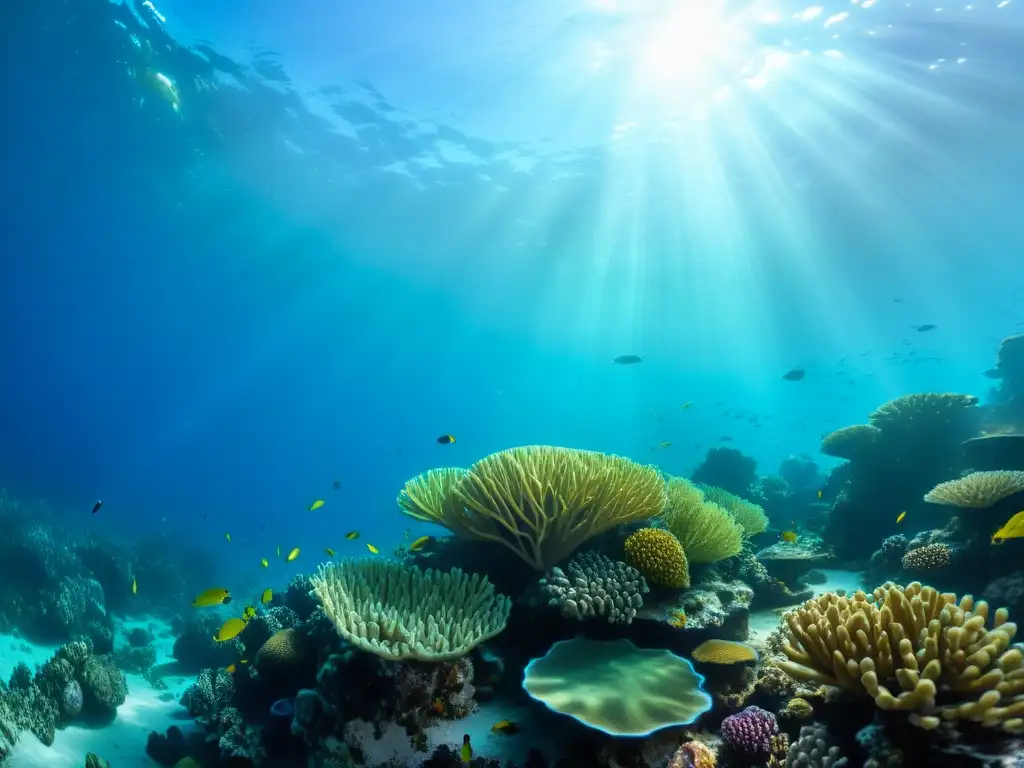 Sistemas de iluminación para acuarios marinos: Fotografía de alta definición de un vibrante arrecife de coral, repleto de vida marina en tonos vivos y detalles intrincados, bajo el agua cristalina con patrones de luz solar