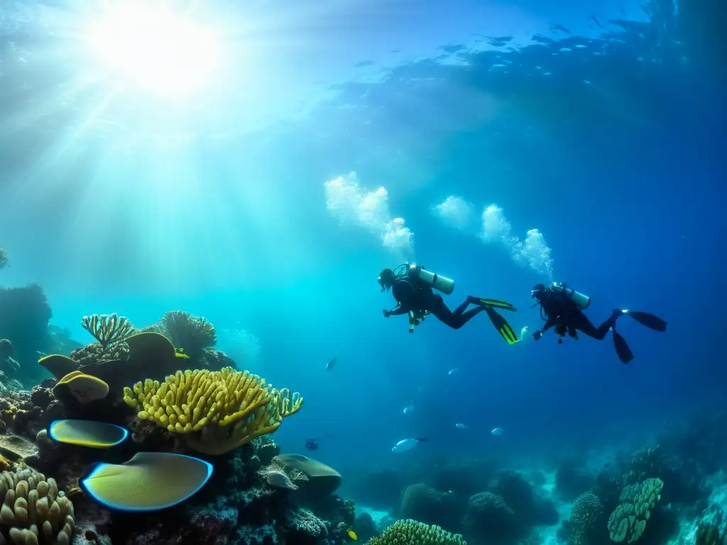 Sistemas de flotación inteligente para buzos explorando un vibrante arrecife de coral en un mundo submarino lleno de vida y color