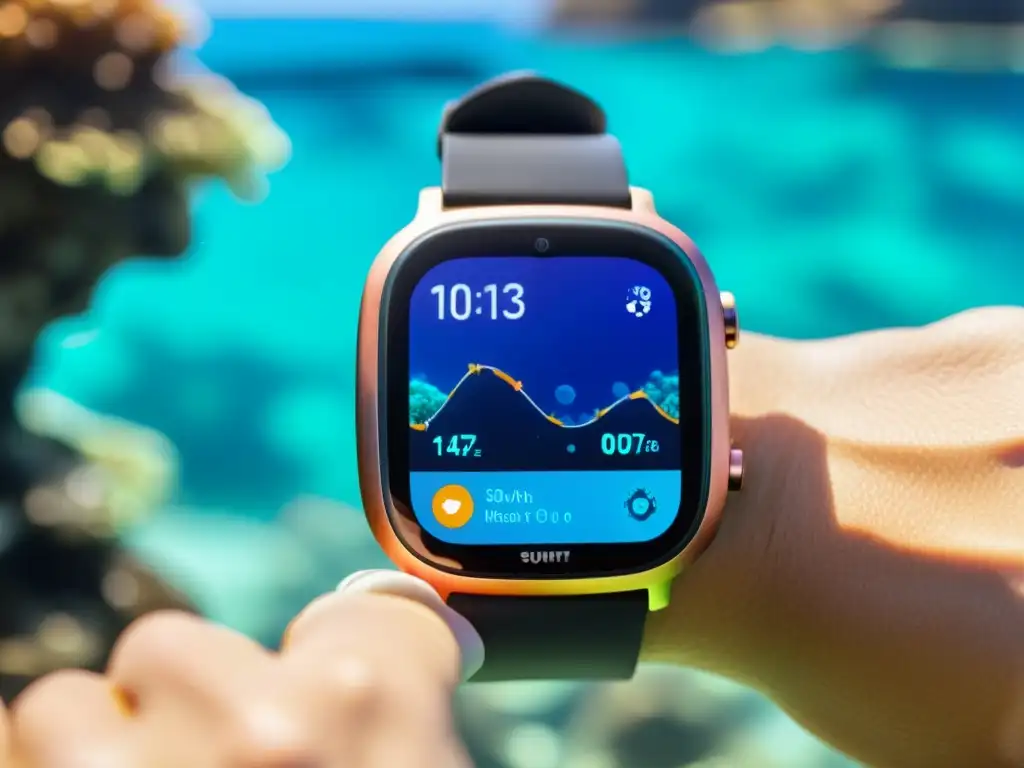 Un smartwatch de buceo para salud submarina muestra métricas de salud en un vibrante arrecife de coral, mientras un buzo explora la vida marina