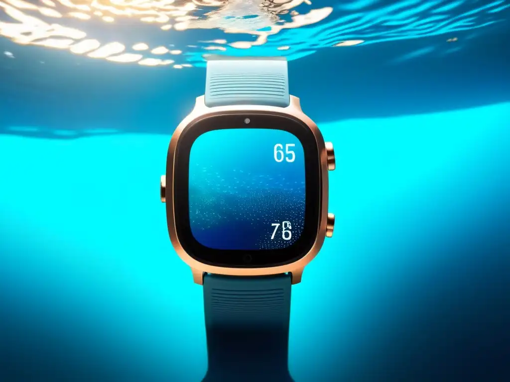 Smartwatch de buceo para salud submarina mostrando datos vitales en el fondo marino iluminado por el sol