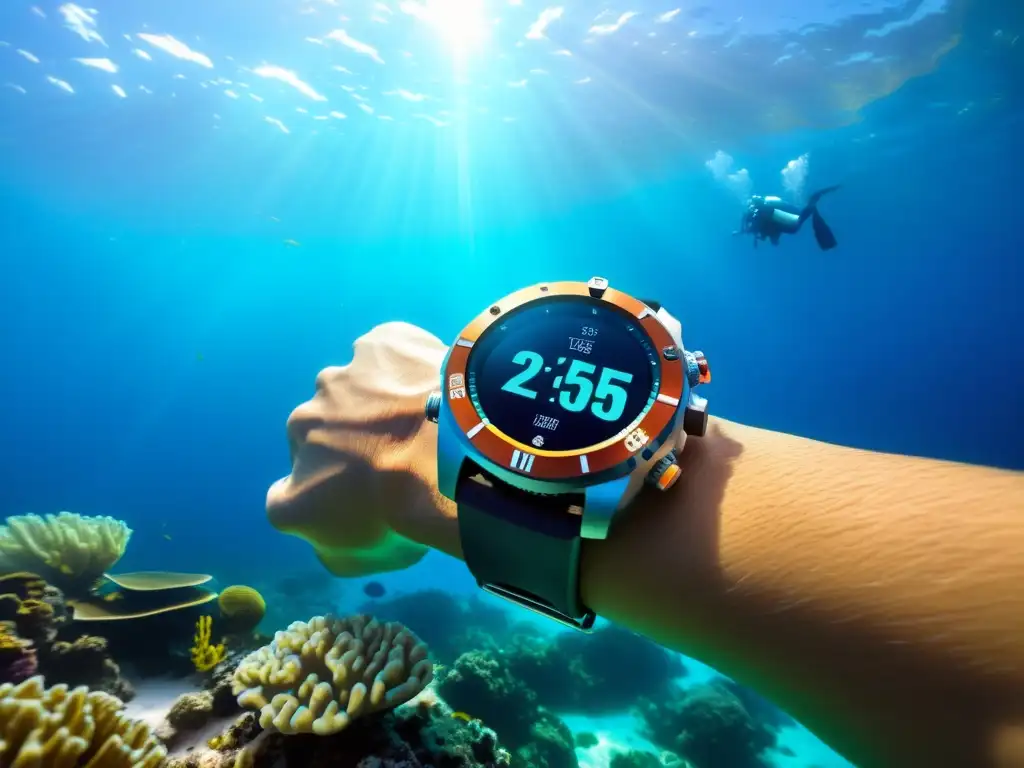 Smartwatch de buceo para salud submarina: Reloj inteligente futurista en un escenario submarino vibrante con un buceador y tecnología avanzada