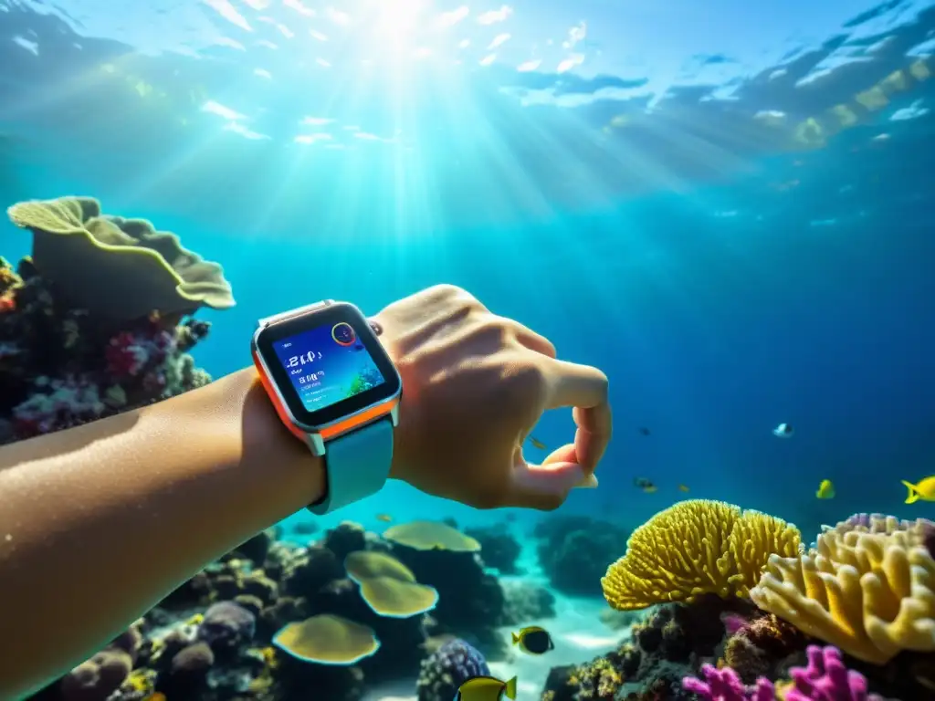 Un smartwatch de buceo para salud submarina iluminado en la muñeca de un buceador explorando un arrecife de coral vibrante bajo el agua