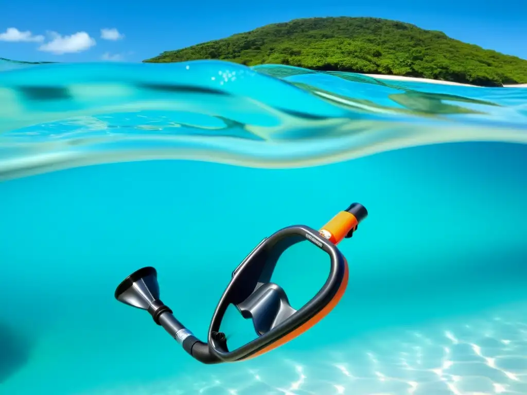 Snorkel innovador mejora respiración submarina, inmerso en belleza natural y tecnología vanguardista en aguas turquesa