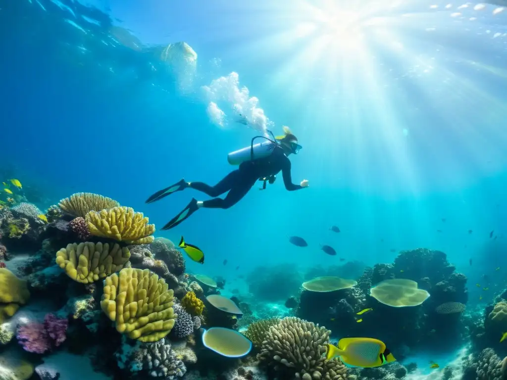 Un snorkel sostenible explora un arrecife de coral, rodeado de peces coloridos