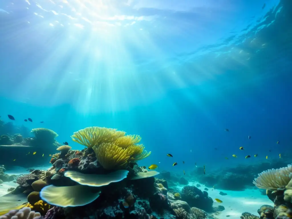 Desalinización solar sostenible agua marina: Fotografía submarina de arrecife de coral vibrante y vida marina, con juego de luz y sombra