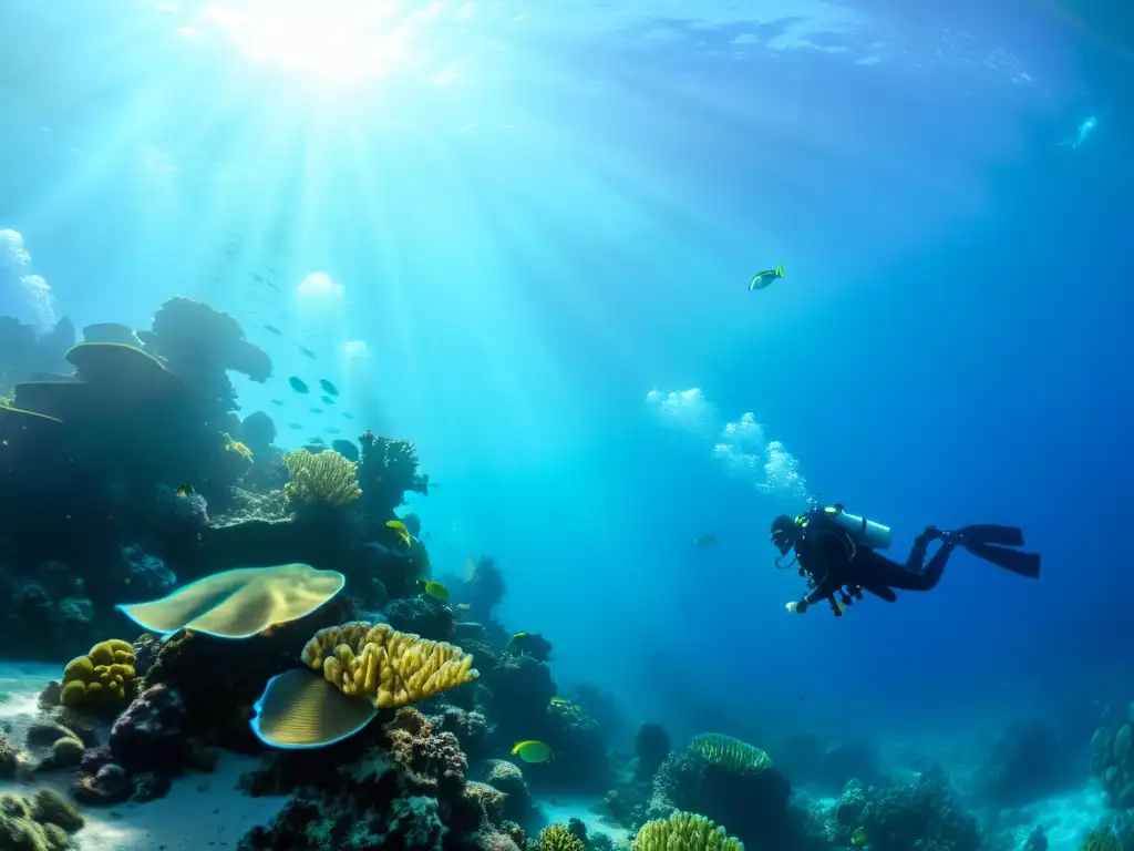 Un sorprendente paisaje submarino donde buceadores exploran un vibrante arrecife de coral, rodeados de vida marina