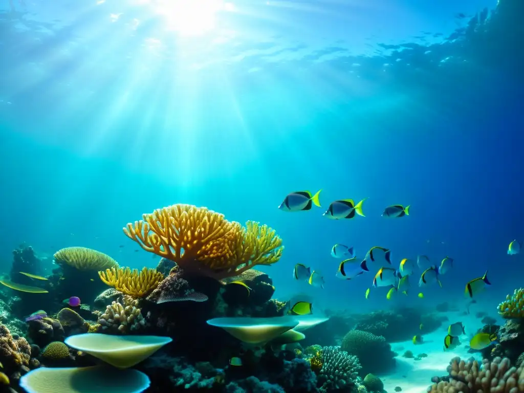 Un sorprendente paisaje submarino muestra un vibrante arrecife de coral lleno de peces y vida marina