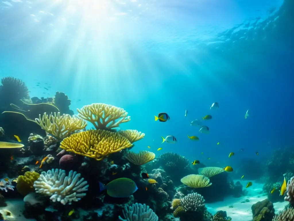 Sostenibilidad y vida marina en arrecife de coral: peces, corales y plantas bajo el agua con luz solar filtrada