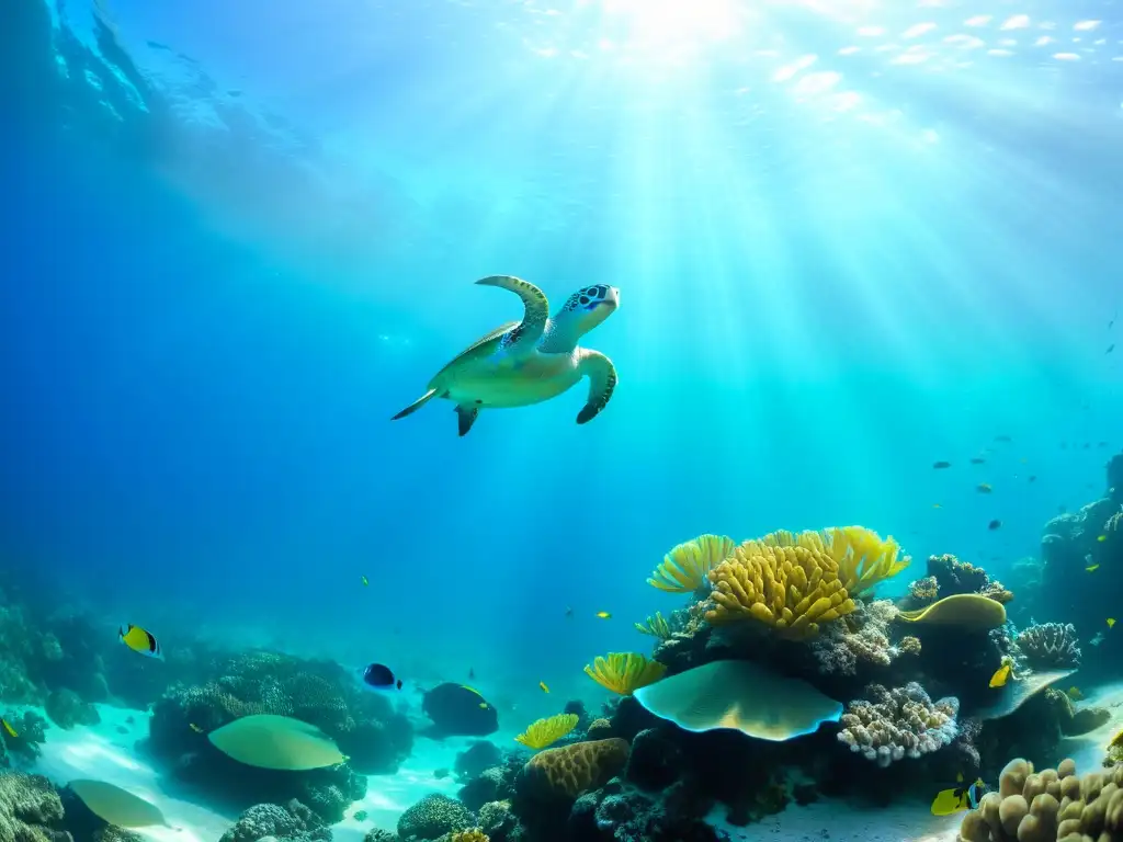 Joyería sostenible temática marina: Un arrecife de coral vibrante, lleno de vida marina colorida y delicada, bañado por la luz del sol bajo el agua