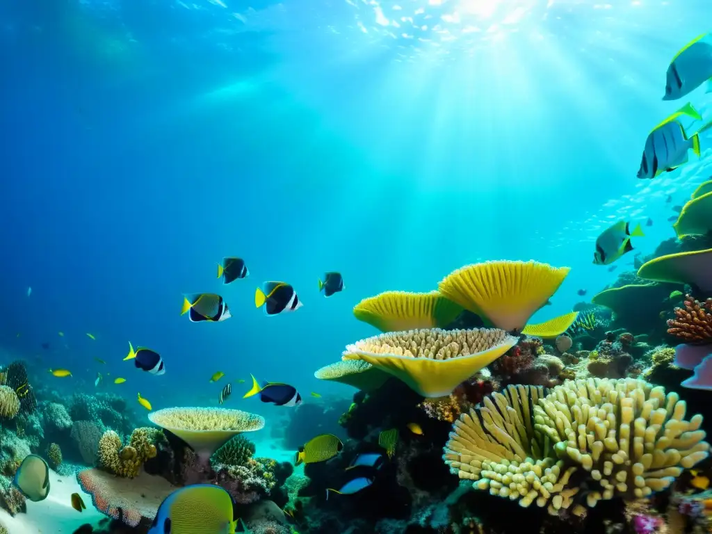 Replicando expedición Calypso vida marina: Fotografía subacuática de un arrecife de coral vibrante, rebosante de vida marina y colores hipnotizantes