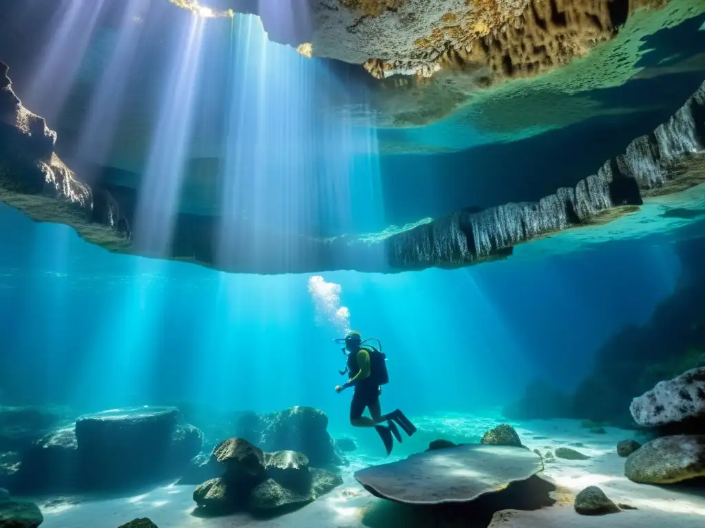 Fotografía subacuática en cenote: aguas cristalinas, formaciones rocosas y rayos de sol iluminando un mundo misterioso y hermoso