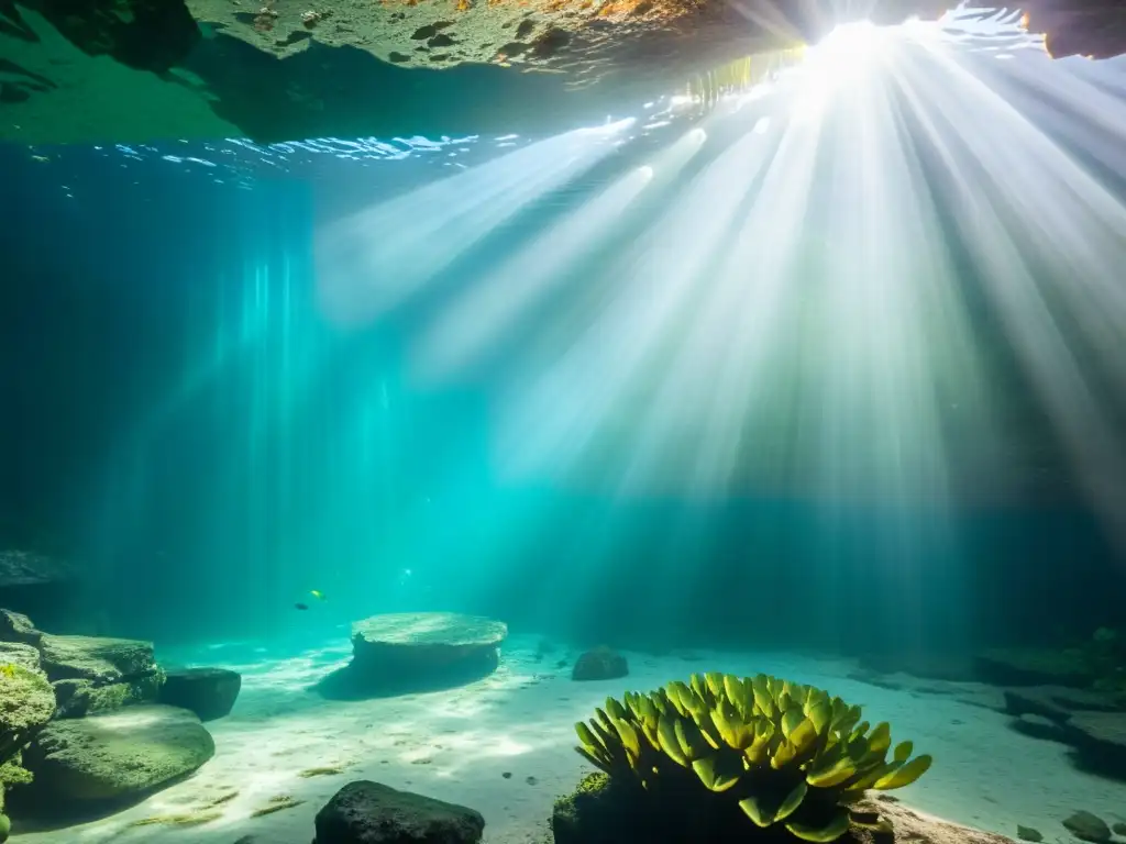 Maravillosa fotografía subacuática de un cenote, con aguas cristalinas, formaciones rocosas y juegos de luz y sombra