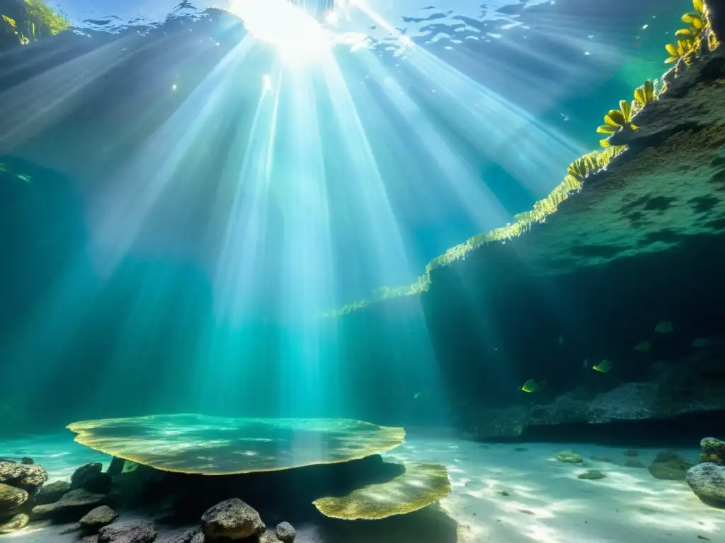 Fotografía subacuática de un impresionante cenote, con rayos de sol iluminando formaciones rocosas y vida acuática vibrante