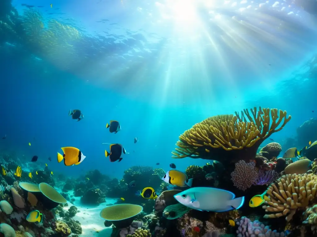 Una fotografía subacuática impresionante que muestra un vibrante arrecife de coral con una diversidad de vida marina