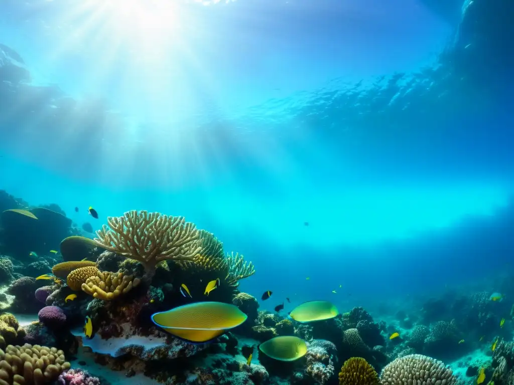 Una fotografía subacuática muestra un vibrante arrecife de coral con vida marina colorida y diversa